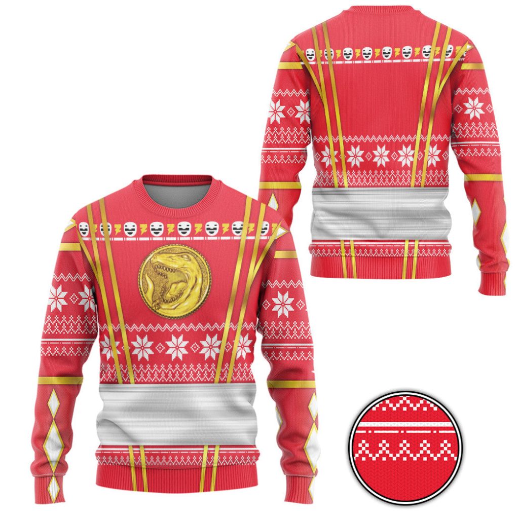 3D Red Ninja Mighty Morphin Power Rangers Ugly Sweater - Image 2