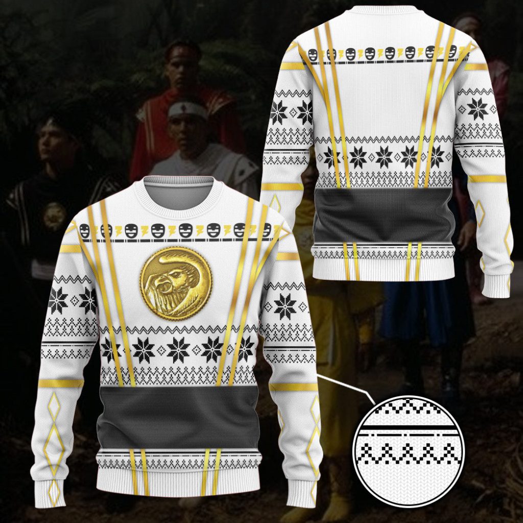3D White Ninja Mighty Morphin Power Rangers Ugly Christmas Sweater - Image 3