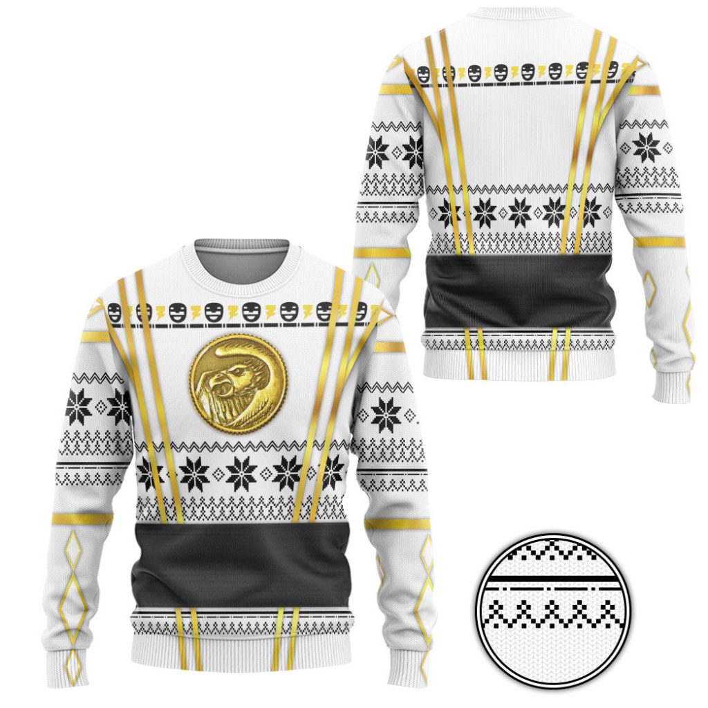 3D White Ninja Mighty Morphin Power Rangers Ugly Christmas Sweater - Image 2