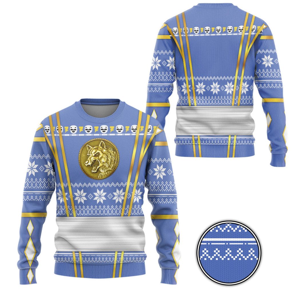 3D Blue Ninja Mighty Morphin Power Rangers Ugly Sweater - Image 2