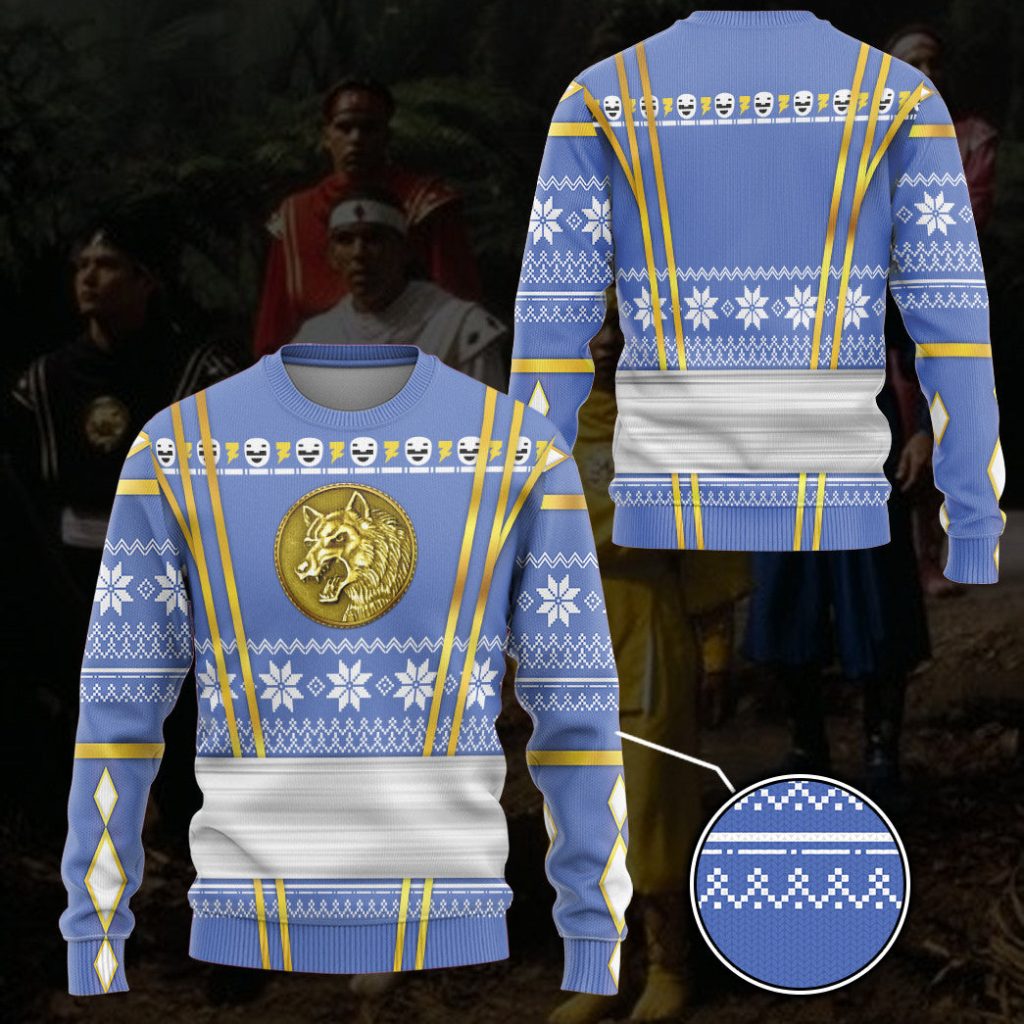 3D Blue Ninja Mighty Morphin Power Rangers Ugly Sweater - Image 3