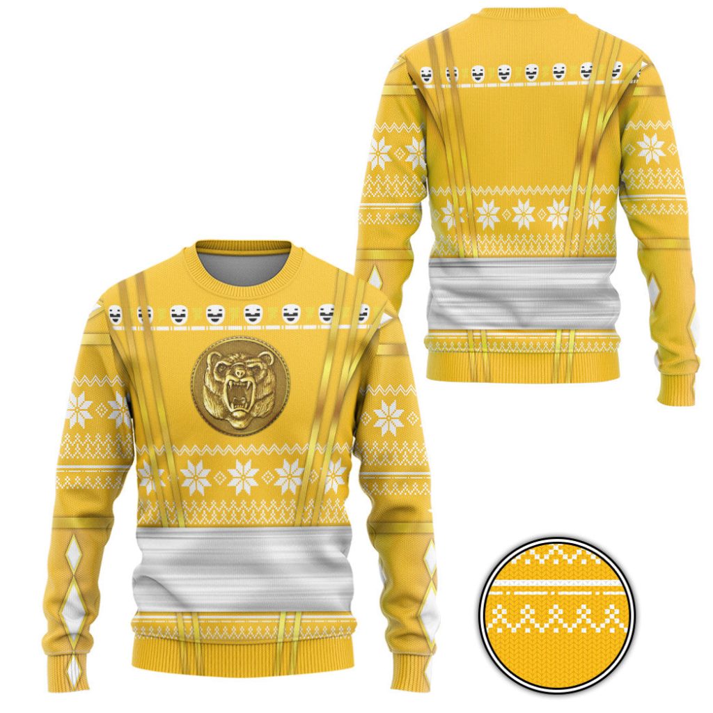 3D Yellow Ninja Mighty Morphin Power Rangers Ugly Christmas Sweater - Image 2