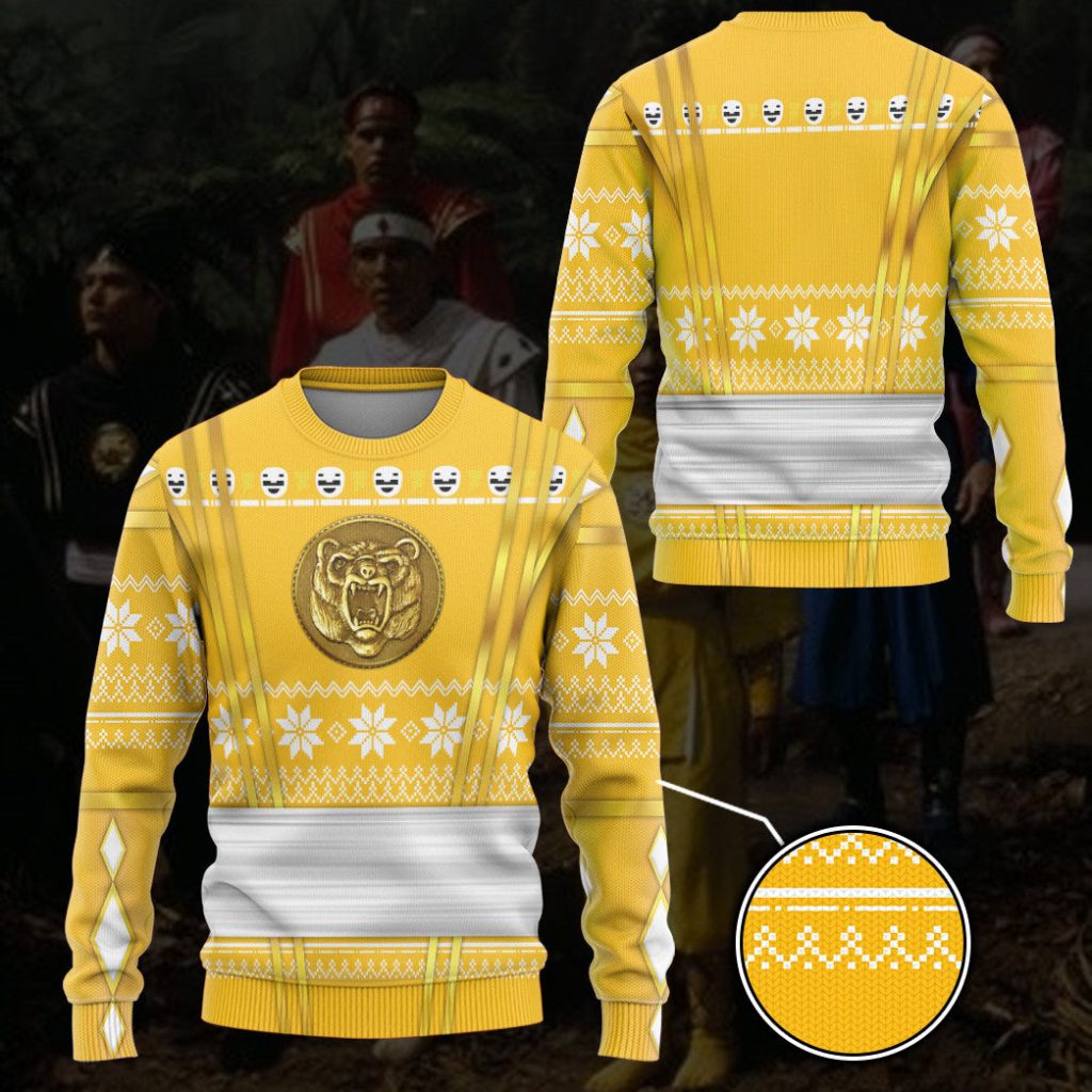 3D Yellow Ninja Mighty Morphin Power Rangers Ugly Christmas Sweater - Image 3