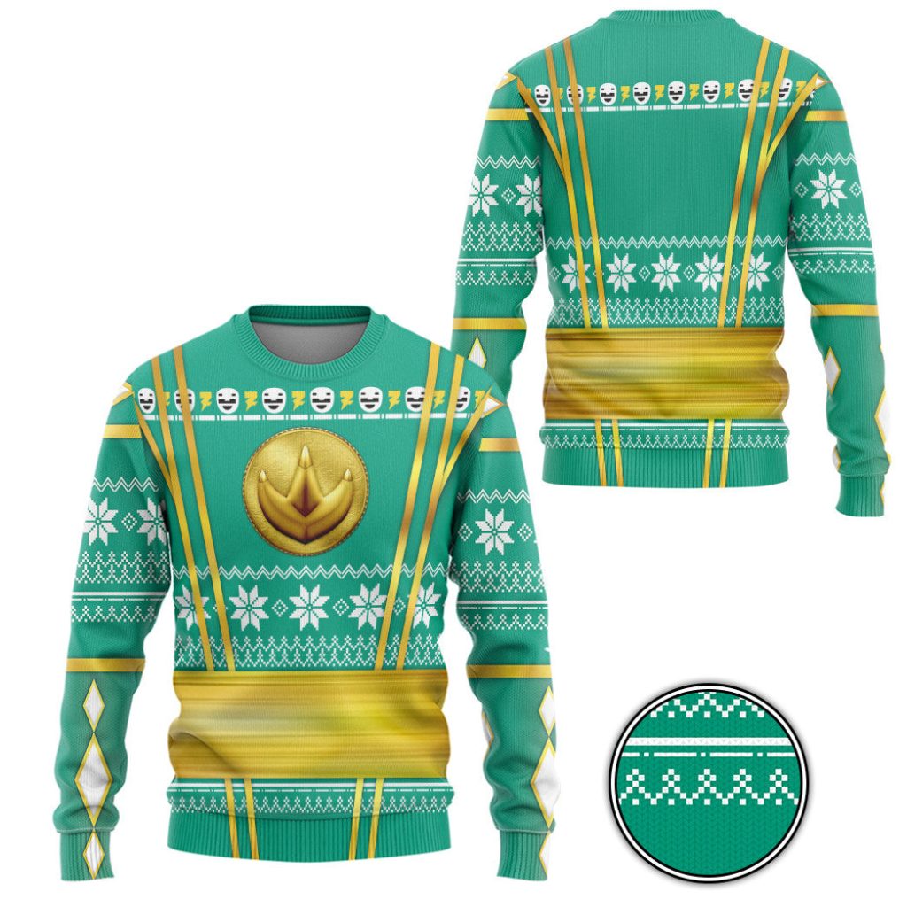 3D Green Ninja Mighty Morphin Power Rangers Ugly Sweater - Image 2