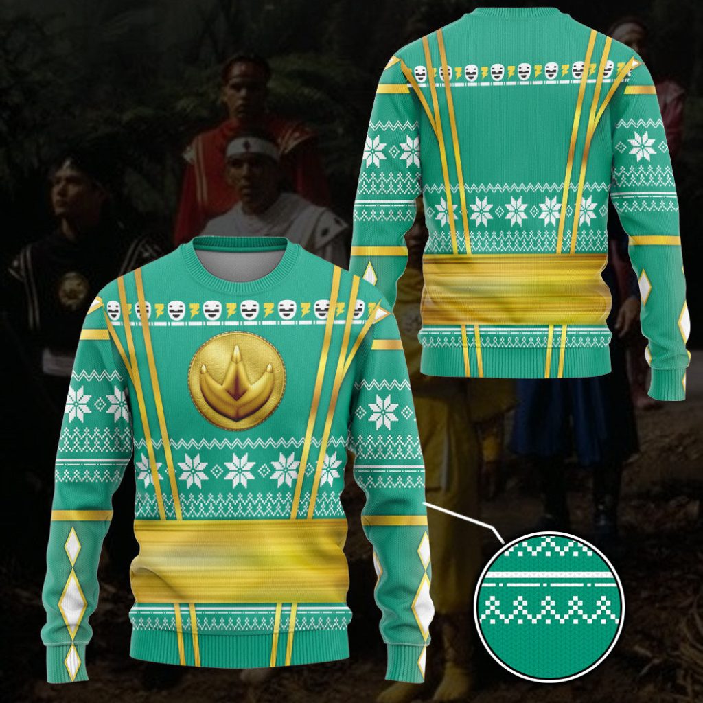 3D Green Ninja Mighty Morphin Power Rangers Ugly Sweater - Image 3