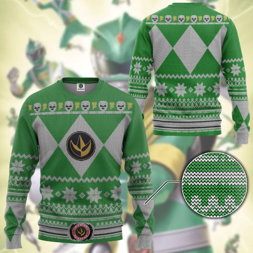 3D Mighty Morphin Green Power Ranger Custom Ugly Christmas Long sleeve - Image 3