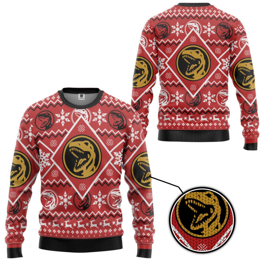 3D Mighty Morphin Red Power Ranger Custom Ugly Christmas Long sleeve - Image 2