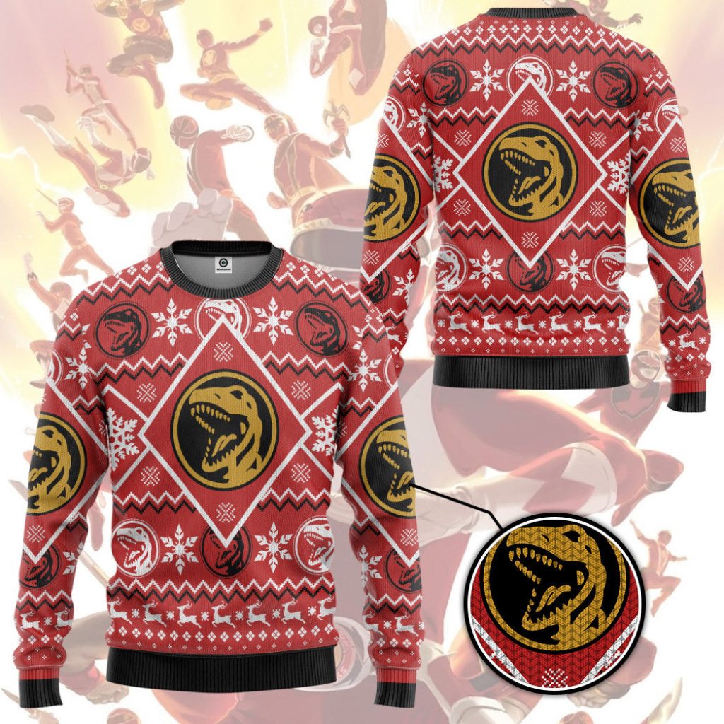 3D Mighty Morphin Red Power Ranger Custom Ugly Christmas Long sleeve - Image 3