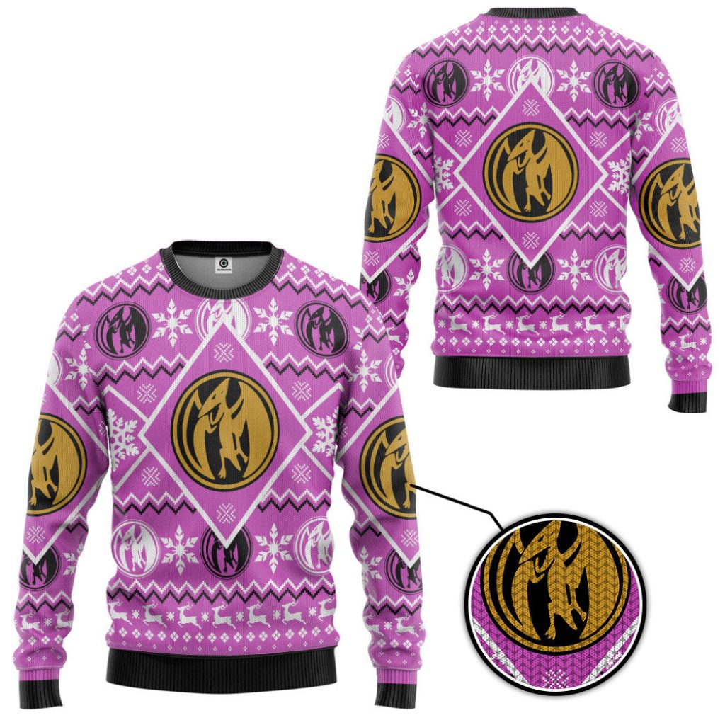 3D Mighty Morphin Pink Power Ranger Custom Ugly Christmas Long sleeve - Image 2