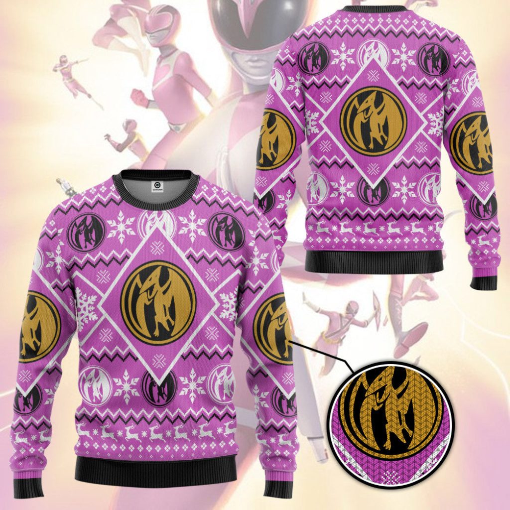 3D Mighty Morphin Pink Power Ranger Custom Ugly Christmas Long sleeve - Image 3