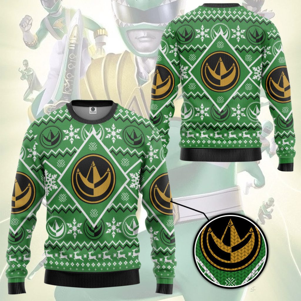 3D Mighty Morphin Green Power Ranger Custom Ugly Christmas Long sleeve - Image 3
