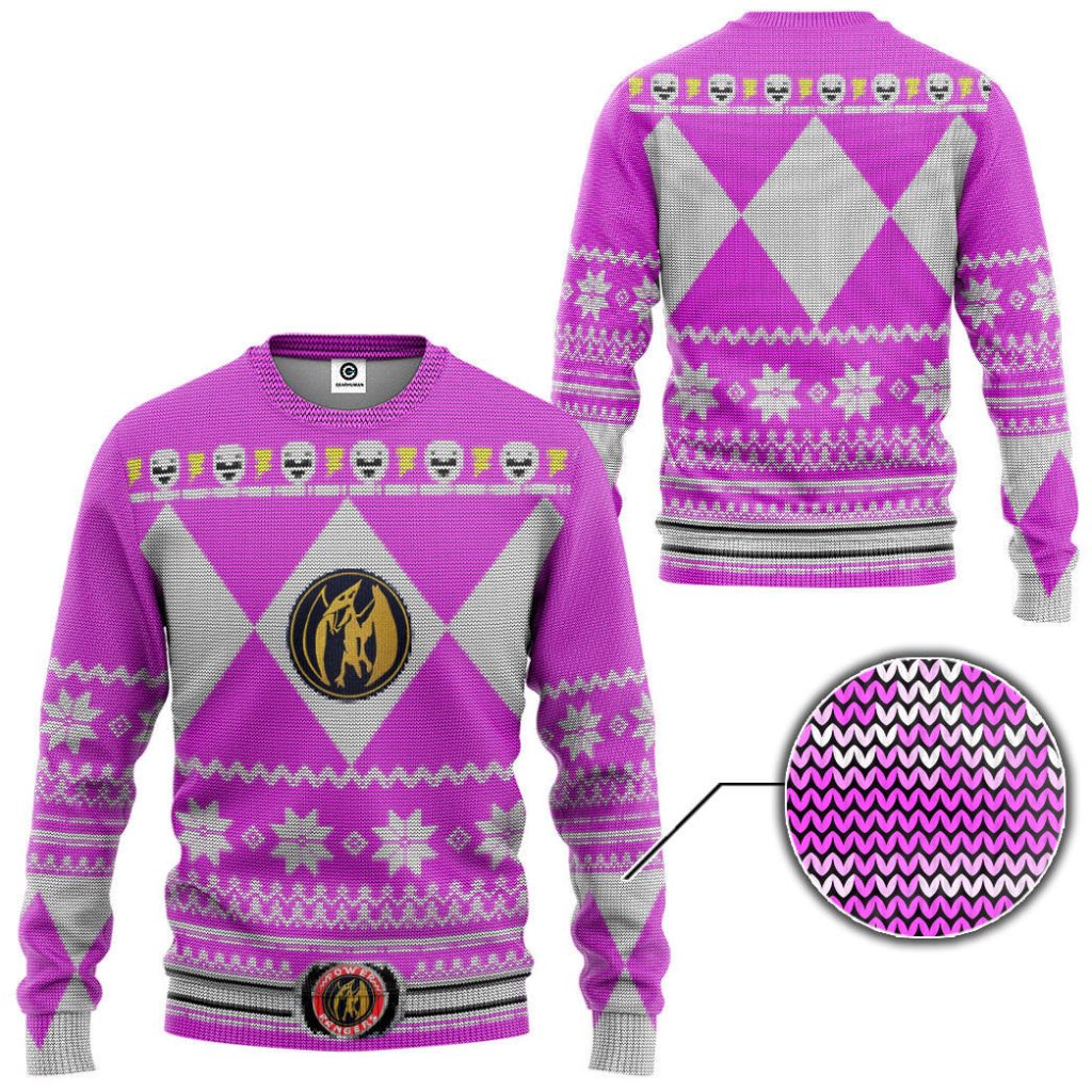 3D Mighty Morphin Pink Power Ranger Custom Ugly Christmas Long sleeve - Image 2