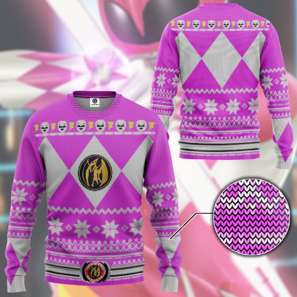 3D Mighty Morphin Pink Power Ranger Custom Ugly Christmas Long sleeve - Image 3