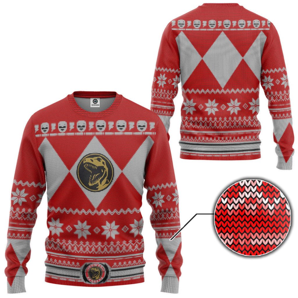 3D Mighty Morphin Red Power Ranger Custom Ugly Christmas Long sleeve - Image 2