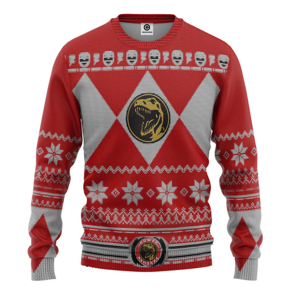3D Mighty Morphin Red Power Ranger Custom Ugly Christmas Long sleeve