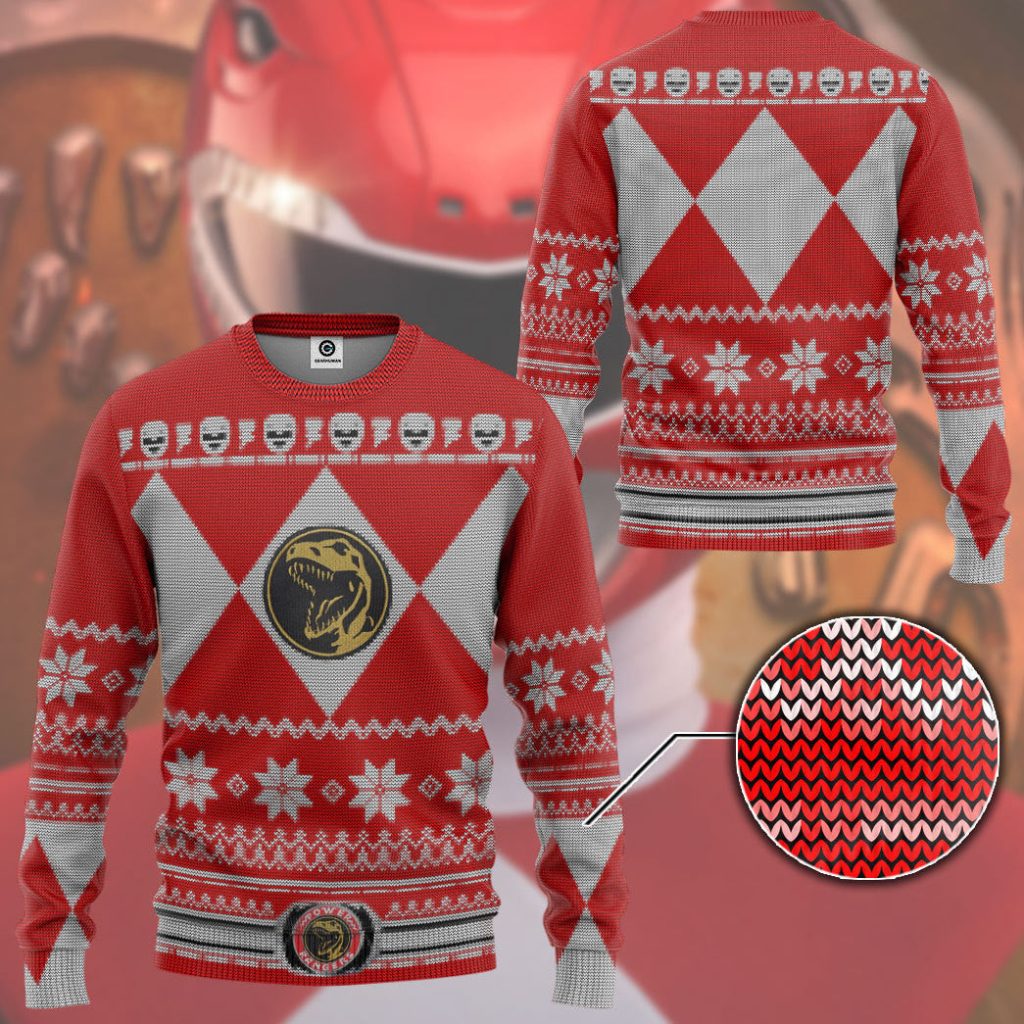 3D Mighty Morphin Red Power Ranger Custom Ugly Christmas Long sleeve - Image 3