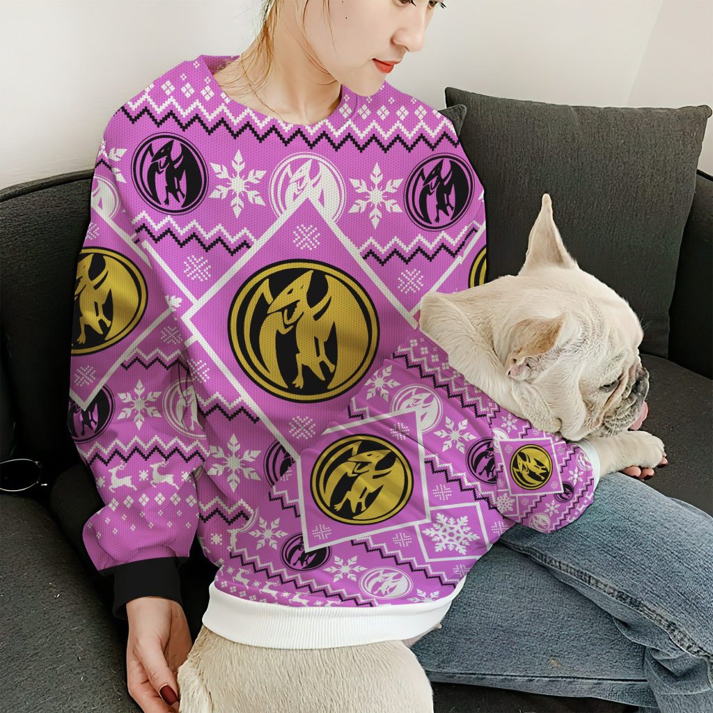 3D Mighty Morphin Pink Power Ranger Custom Ugly Christmas Long sleeve - Image 4