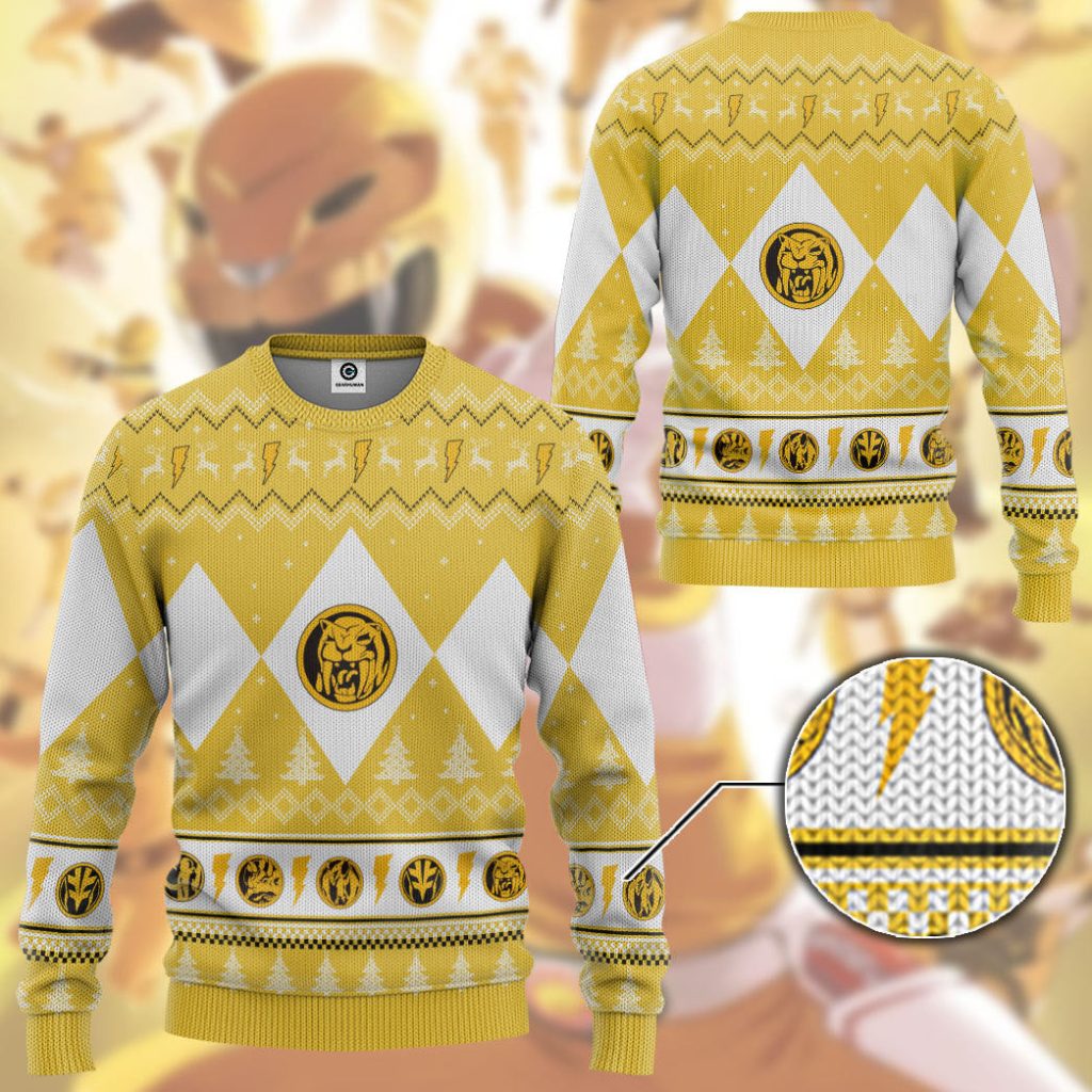 3D Mighty Morphin Yellow Ranger Christmas Ugly Sweater - Image 3