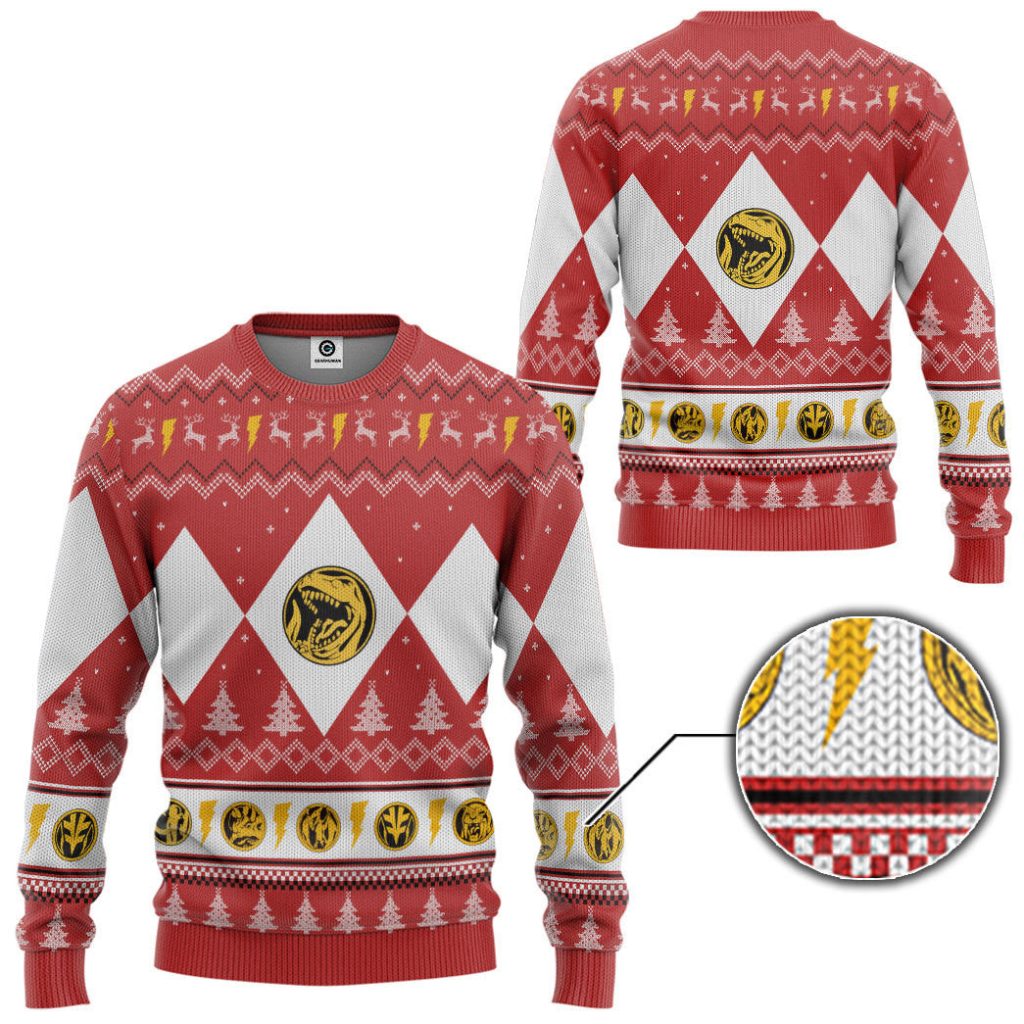 3D Mighty Morphin Red Ranger Christmas Ugly Sweater - Image 2