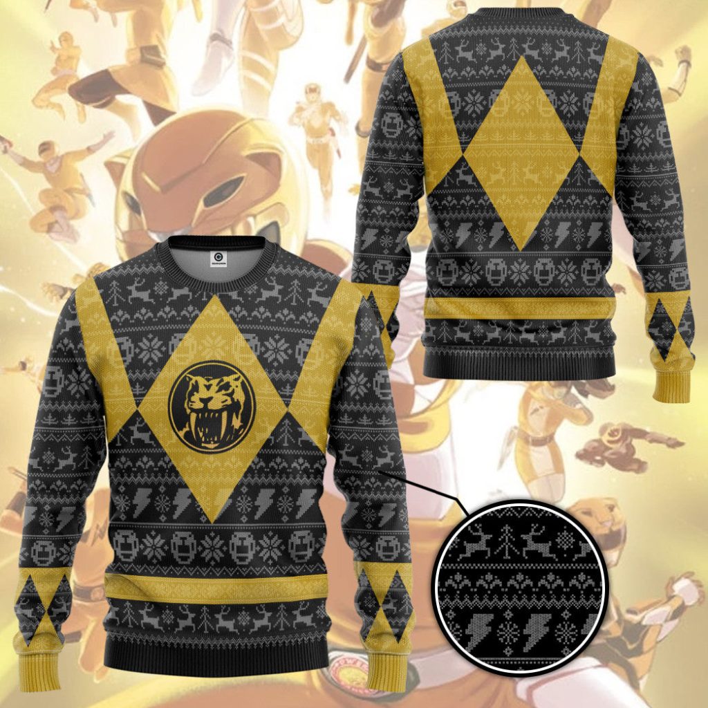 3D Power Ranger Mighty Morphin Yellow Ranger Ugly Christmas Sweater - Image 3