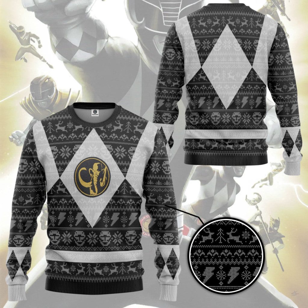 3D Power Ranger Mighty Morphin Black Power Ranger Ugly Christmas Sweater - Image 3