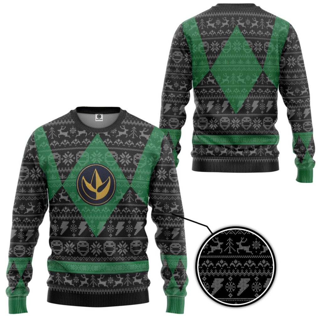 3D Power Ranger Mighty Morphin Green Power Ranger Ugly Christmas Sweater - Image 2