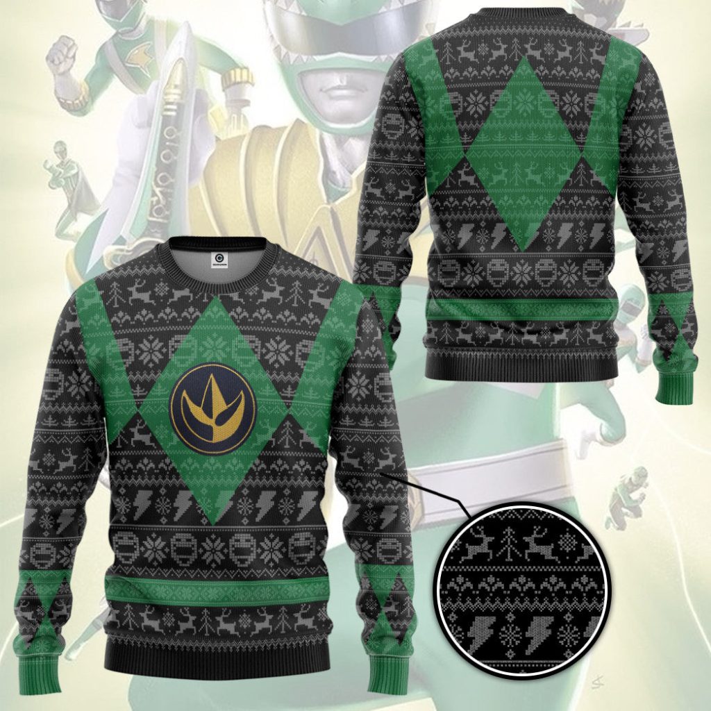 3D Power Ranger Mighty Morphin Green Power Ranger Ugly Christmas Sweater - Image 3