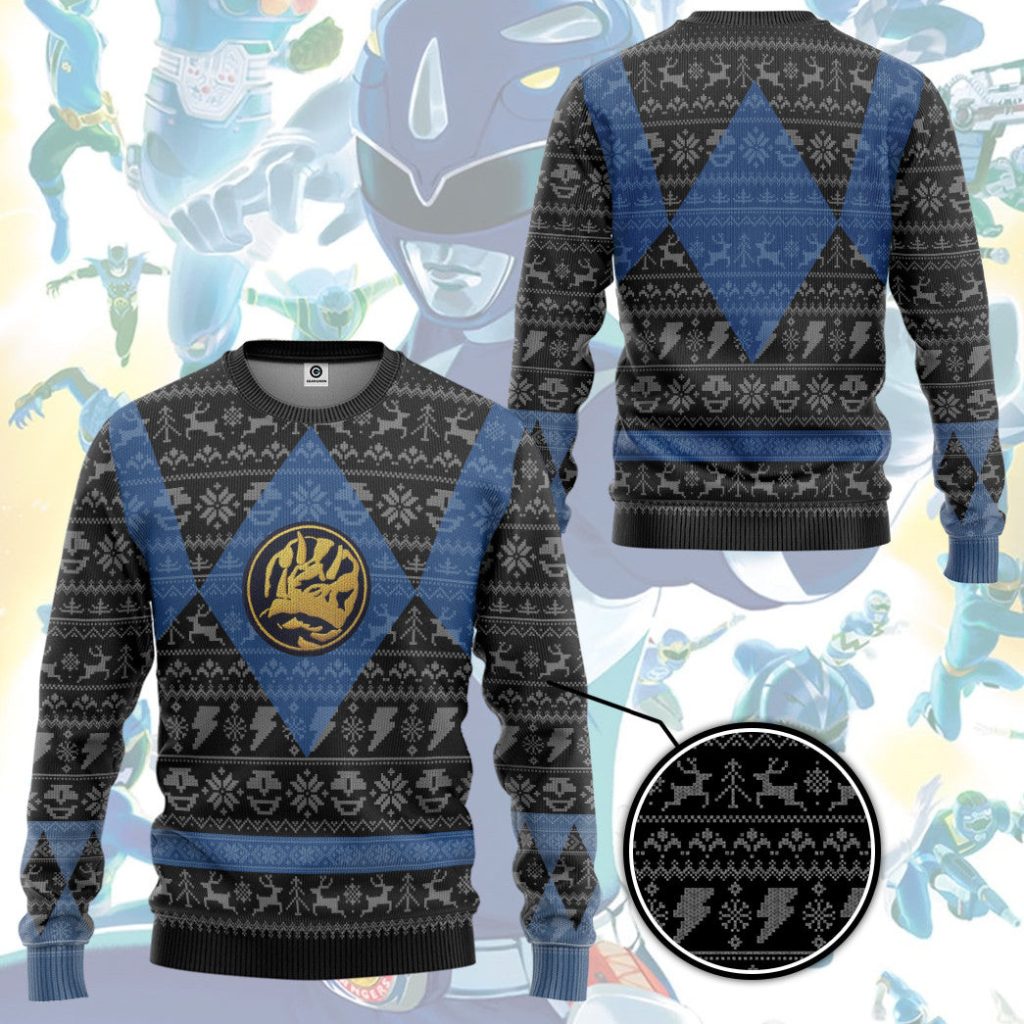 3D Power Ranger Mighty Morphin Blue Ranger Ugly Christmas Sweater - Image 3