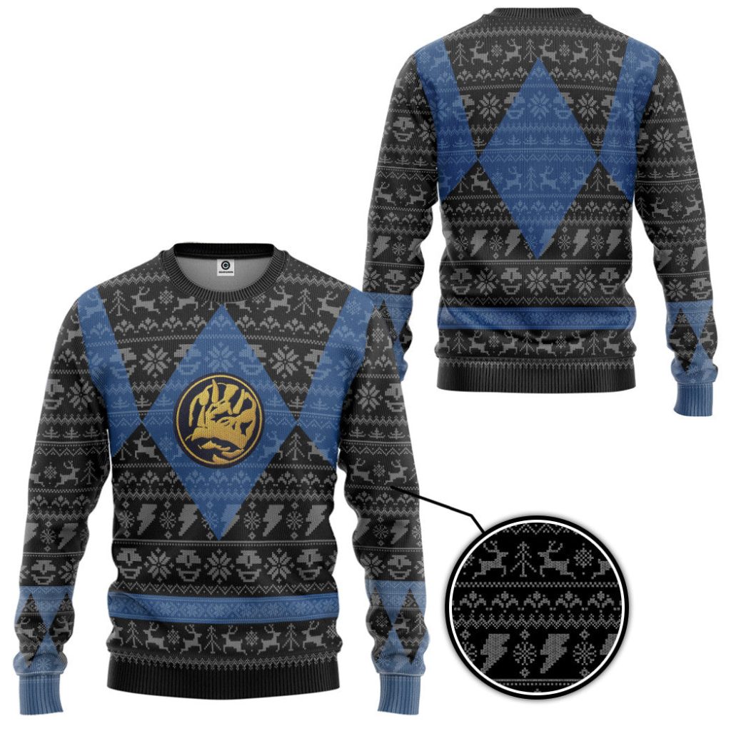 3D Power Ranger Mighty Morphin Blue Ranger Ugly Christmas Sweater - Image 2