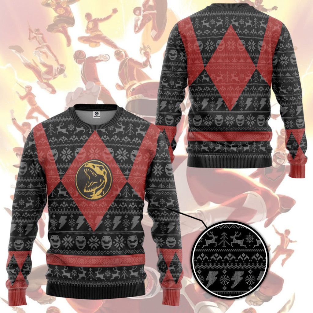 3D Power Ranger Mighty Morphin Red Power Ranger Ugly Christmas Sweater - Image 3