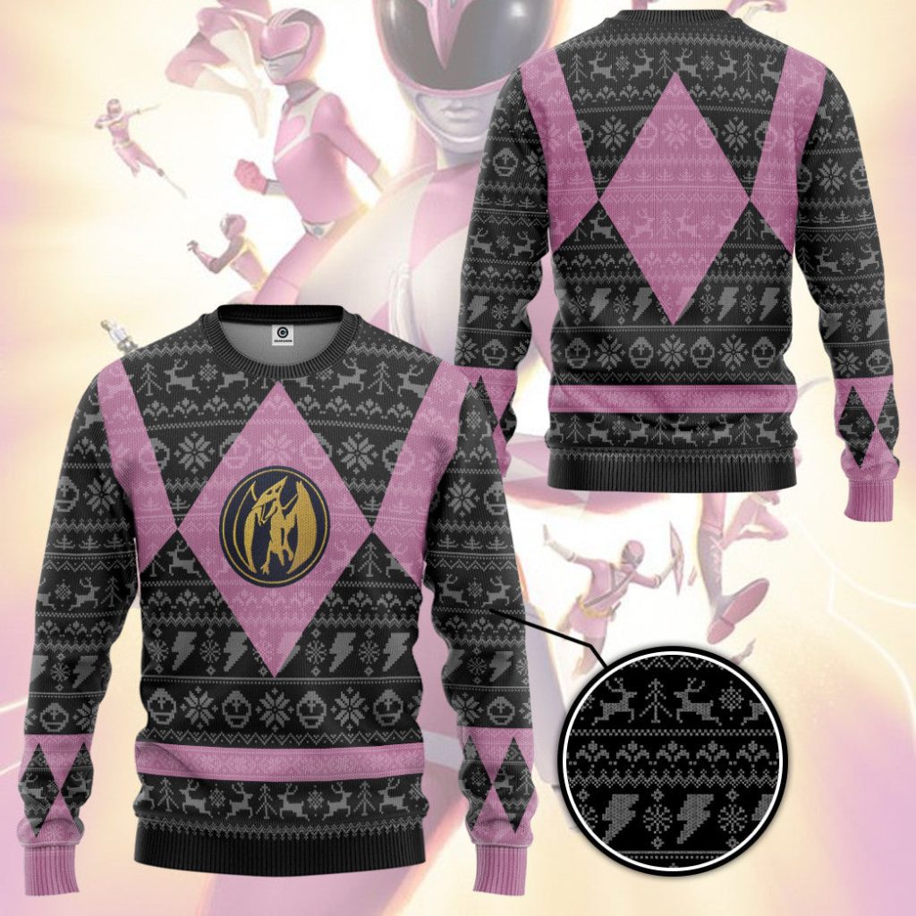 3D Power Ranger Mighty Morphin Pink Power Ranger Ugly Christmas Sweater - Image 3