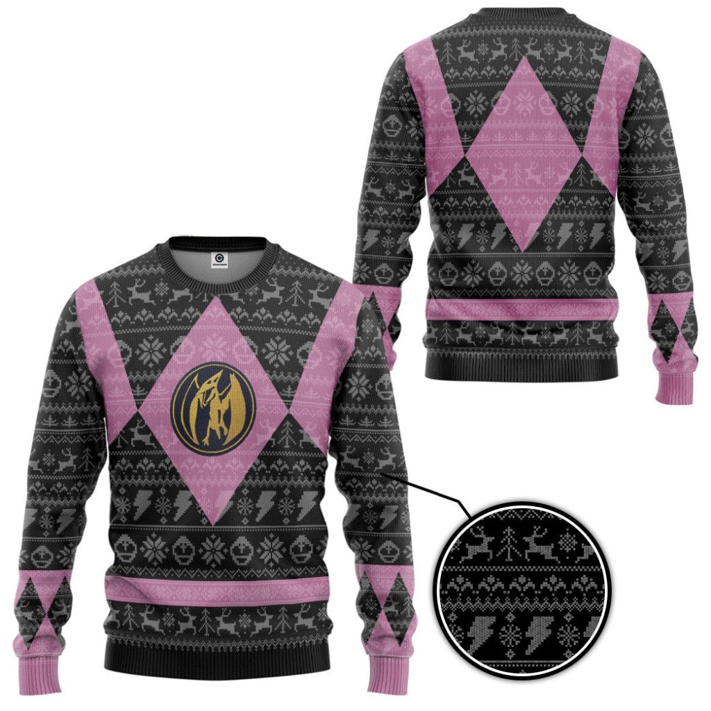 3D Power Ranger Mighty Morphin Pink Power Ranger Ugly Christmas Sweater - Image 2