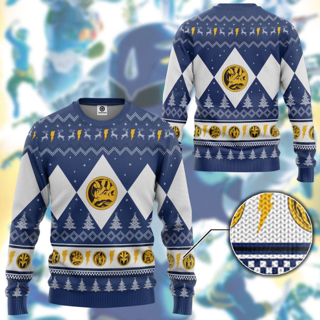 3D Mighty Morphin Blue Ranger Christmas Ugly Sweater - Image 3