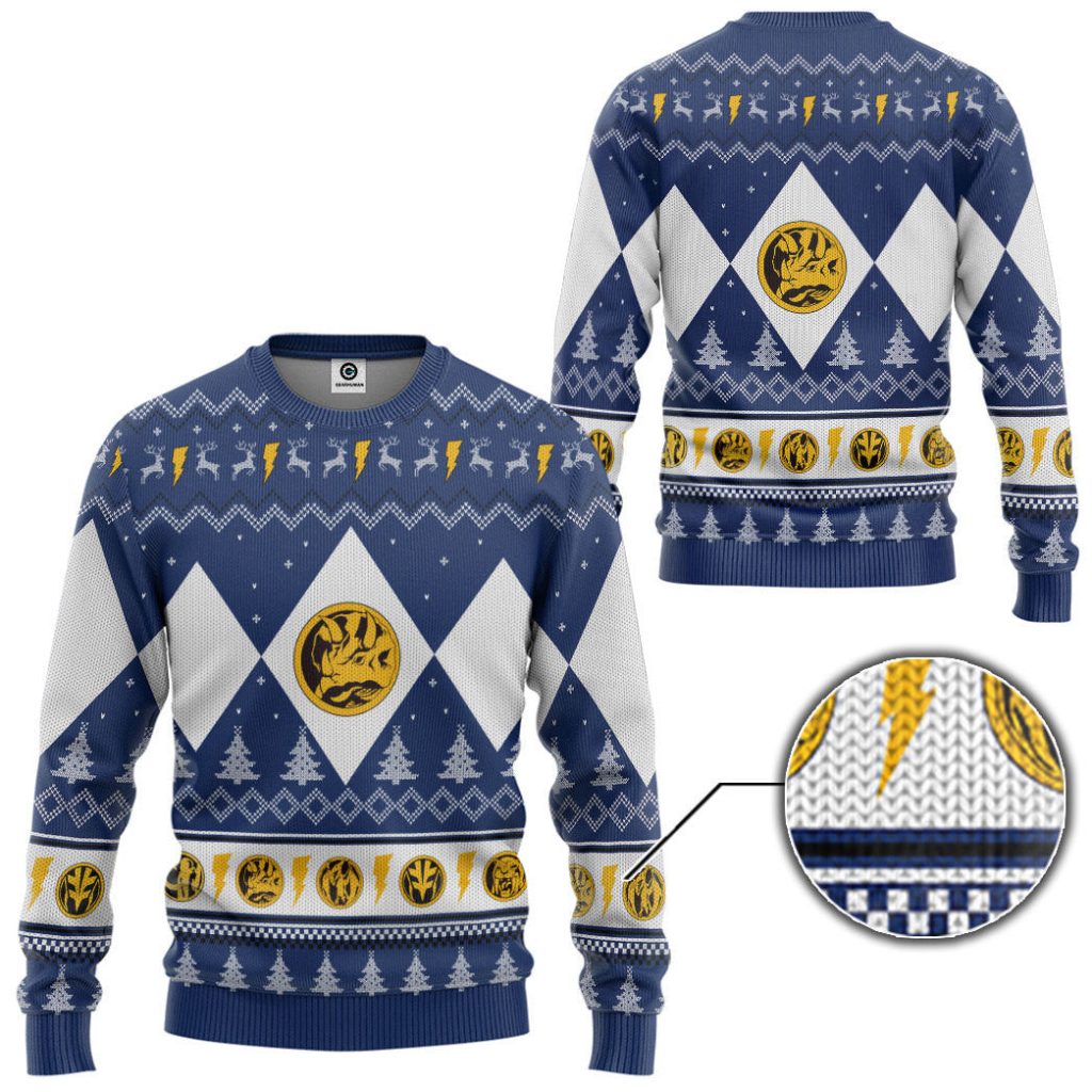 3D Mighty Morphin Blue Ranger Christmas Ugly Sweater - Image 2