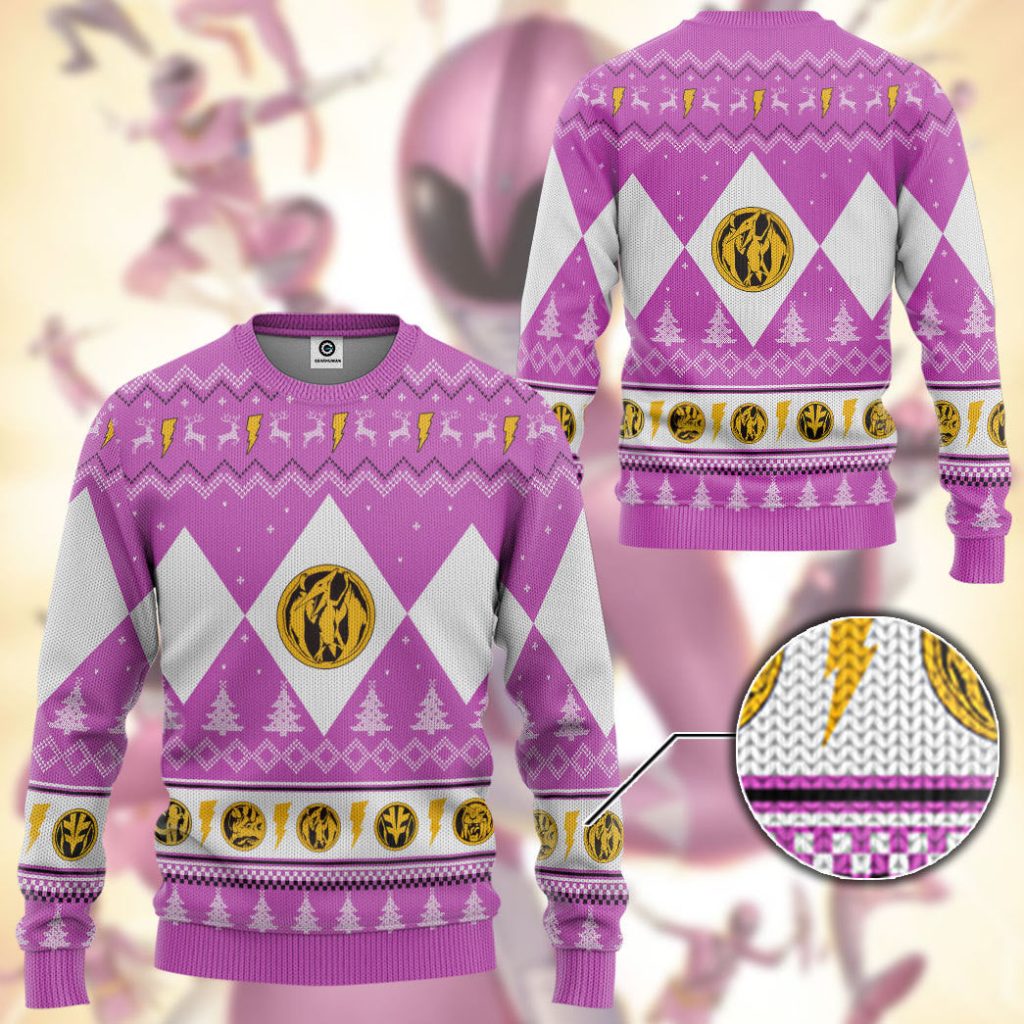 3D Mighty Morphin Pink Ranger Christmas Ugly Sweater - Image 3