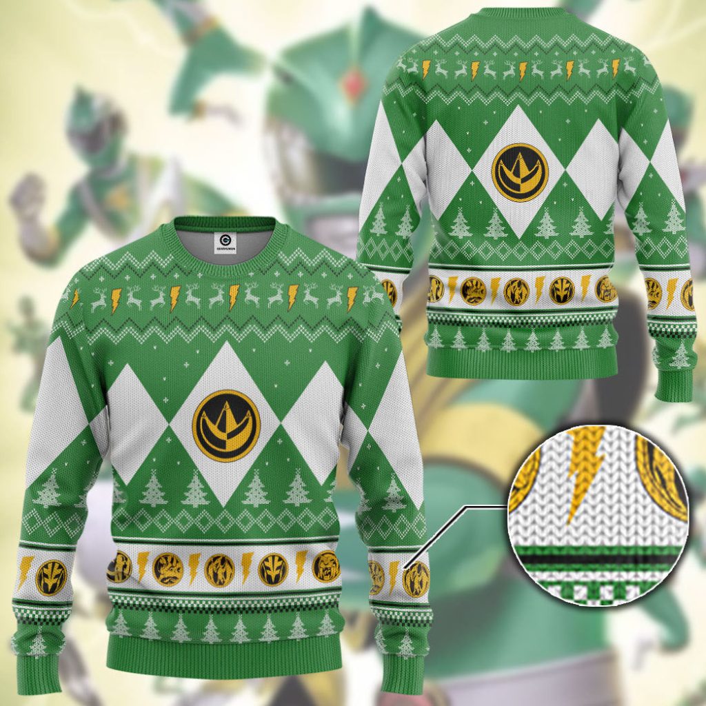 3D Mighty Morphin Green Ranger Christmas Ugly Sweater - Image 3