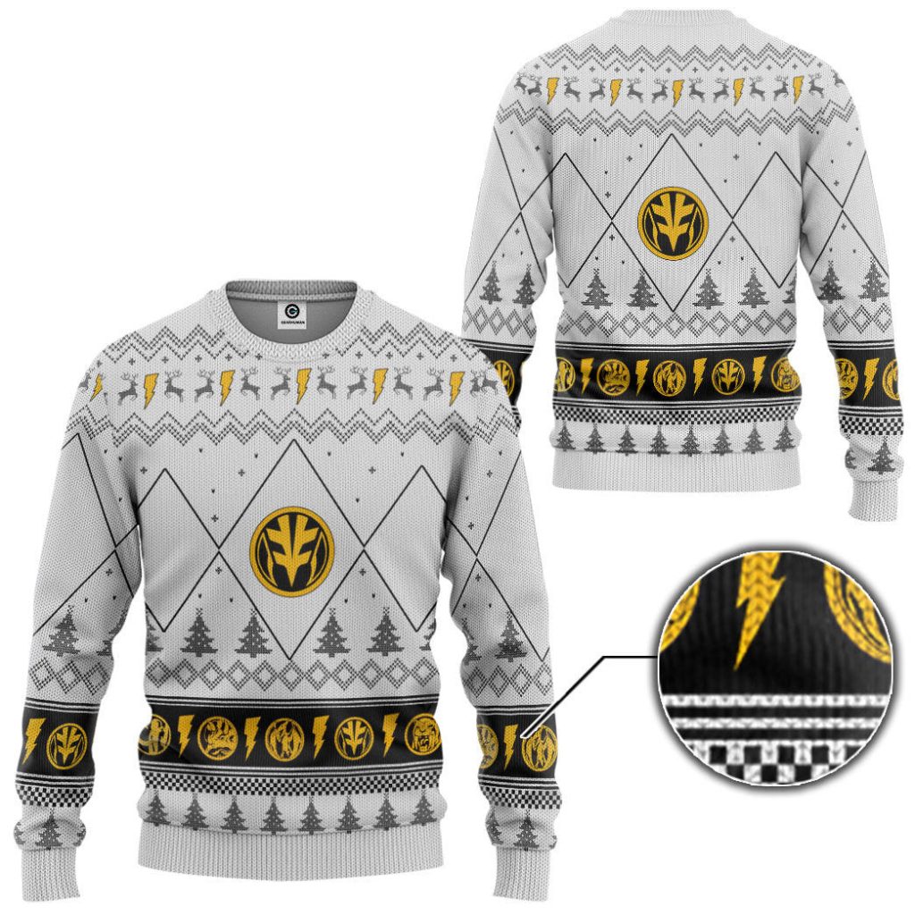 3D Mighty Morphin White Ranger Christmas Ugly Sweater - Image 2