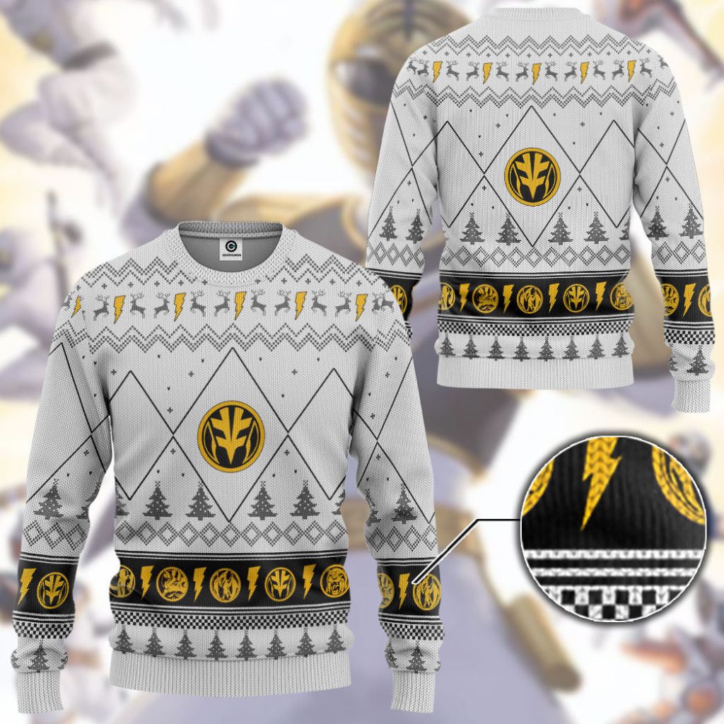 3D Mighty Morphin White Ranger Christmas Ugly Sweater - Image 3