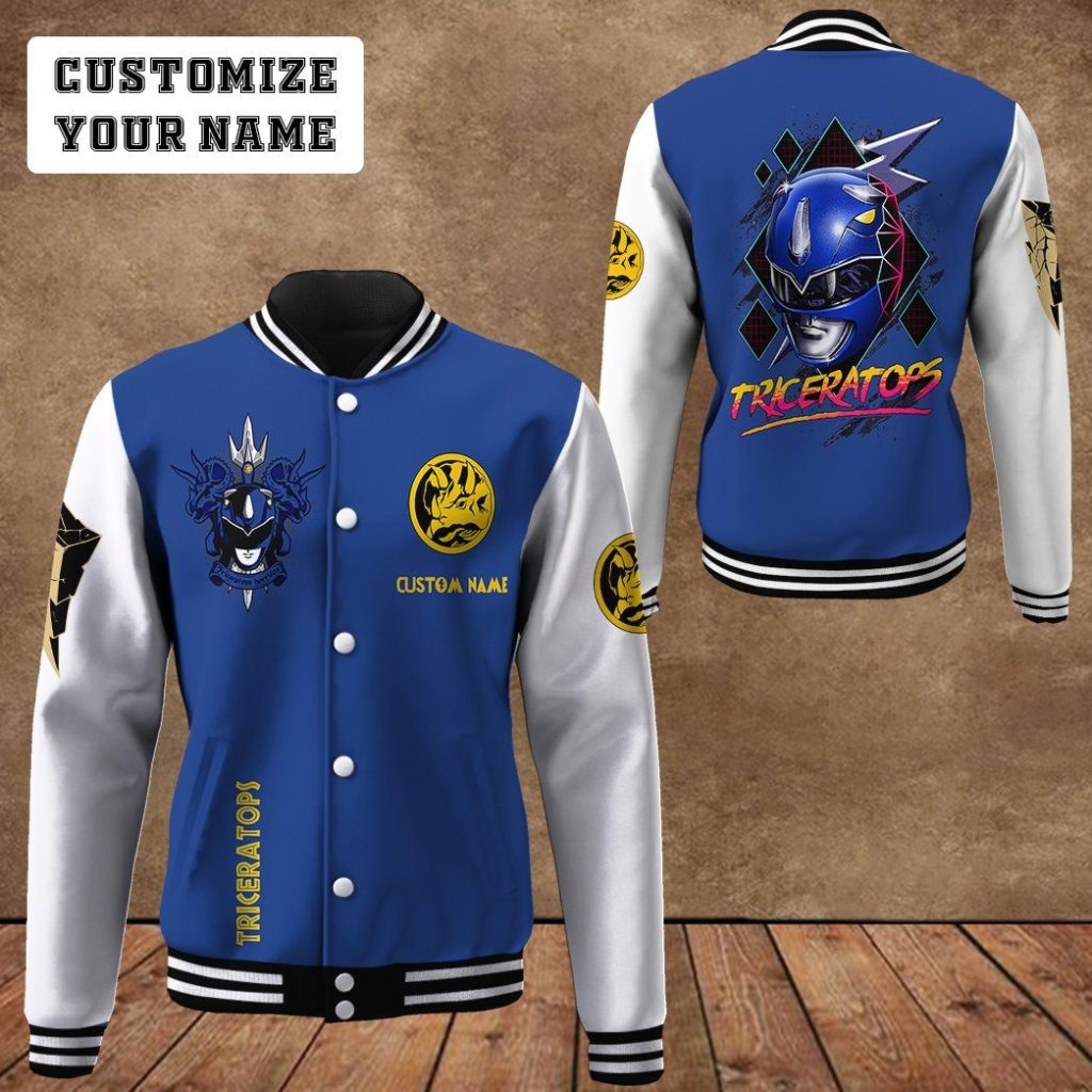 3D Mighty Morphin Power Ranger Blue Custom Name Baseball Jacket - Image 4