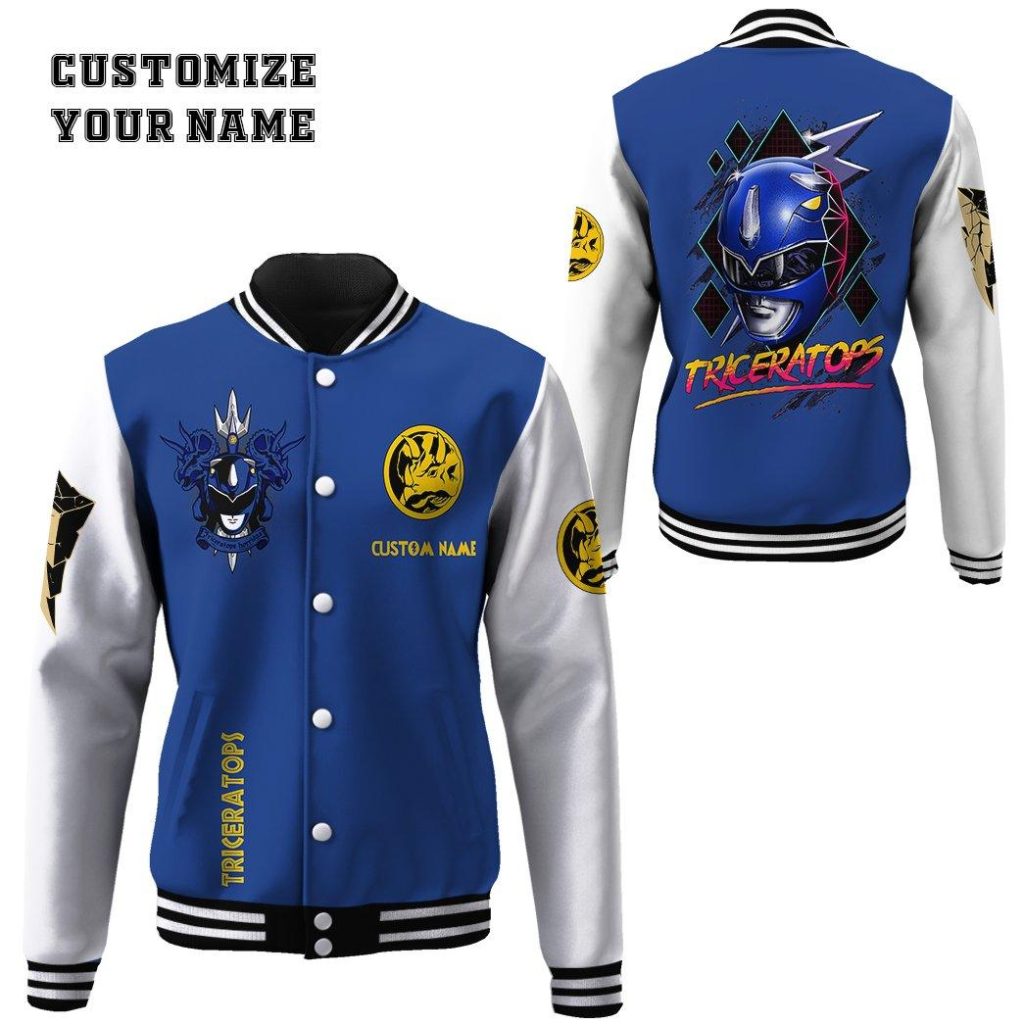 3D Mighty Morphin Power Ranger Blue Custom Name Baseball Jacket - Image 2
