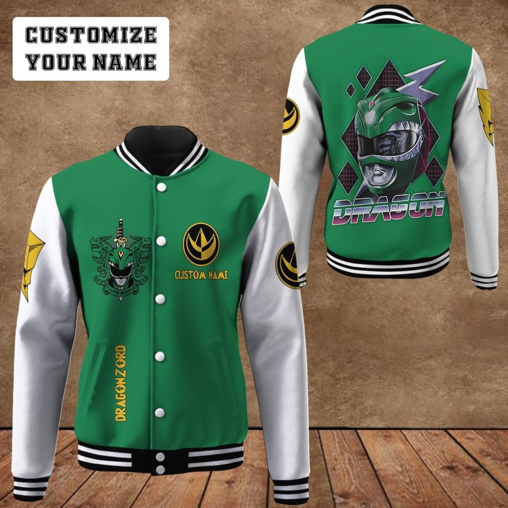 3D Mighty Morphin Power Ranger Green Custom Name Baseball Jacket - Image 4