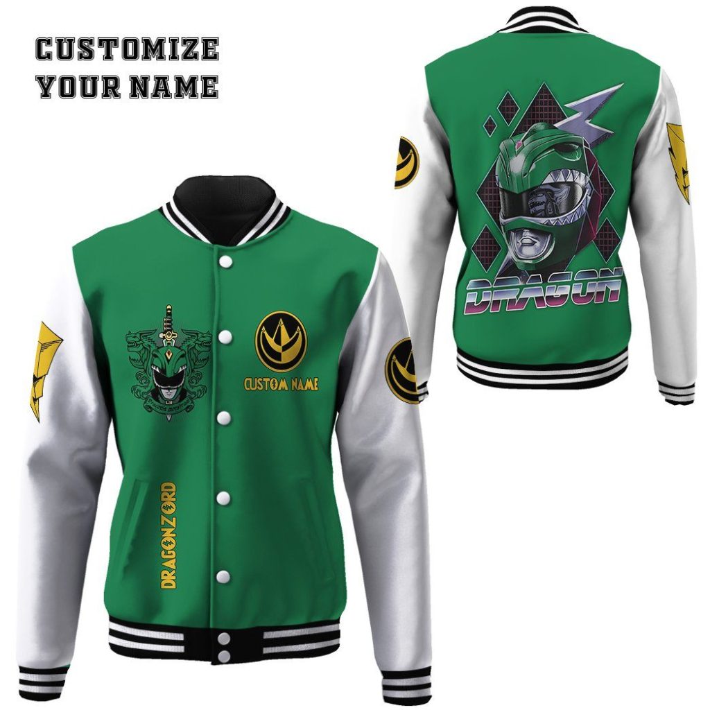 3D Mighty Morphin Power Ranger Green Custom Name Baseball Jacket - Image 2