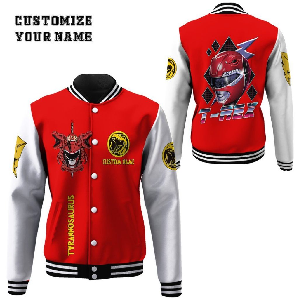 3D Mighty Morphin Power Ranger Red Custom Name Baseball Jacket - Image 2