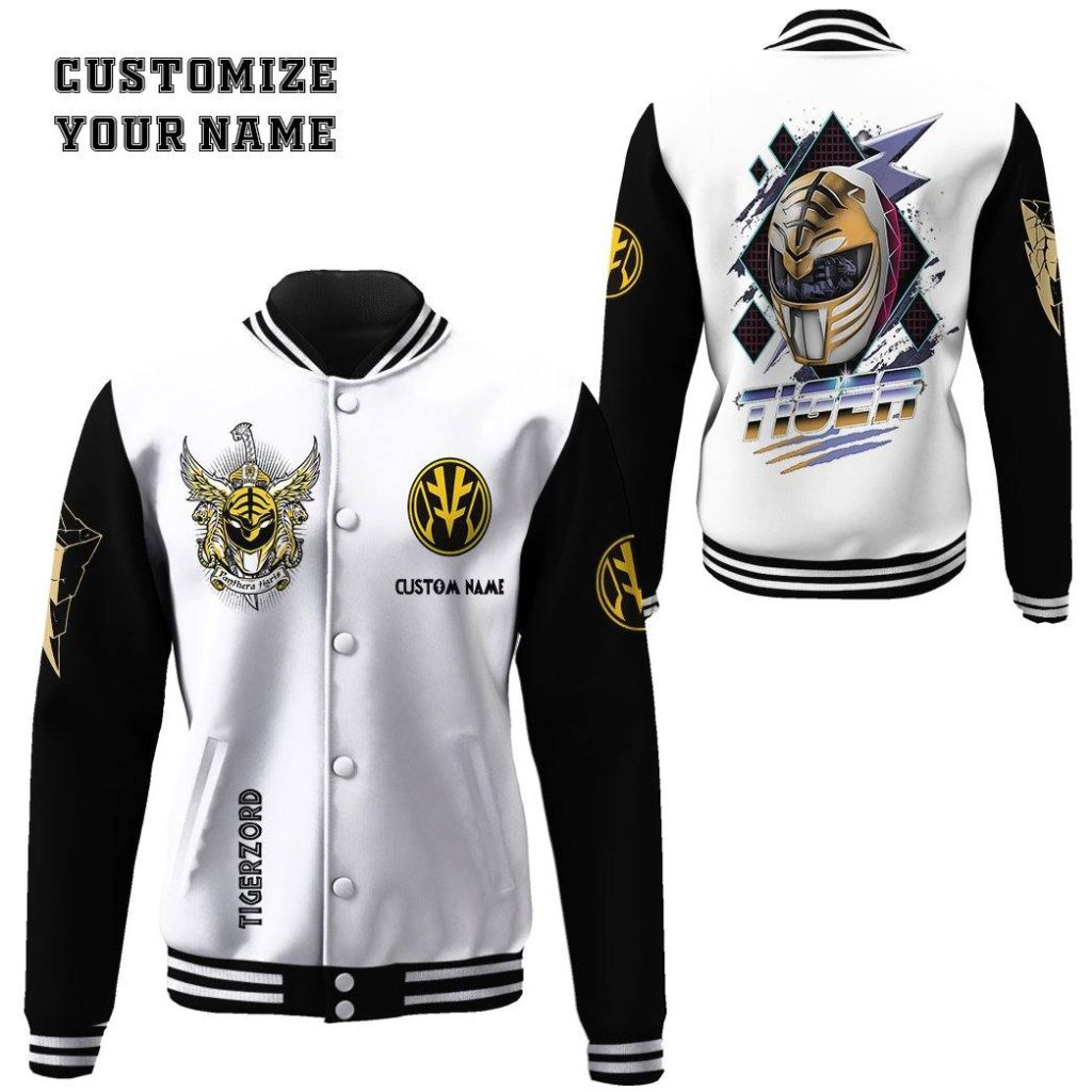 3D Mighty Morphin Power Ranger White Custom Name Baseball Jacket - Image 2