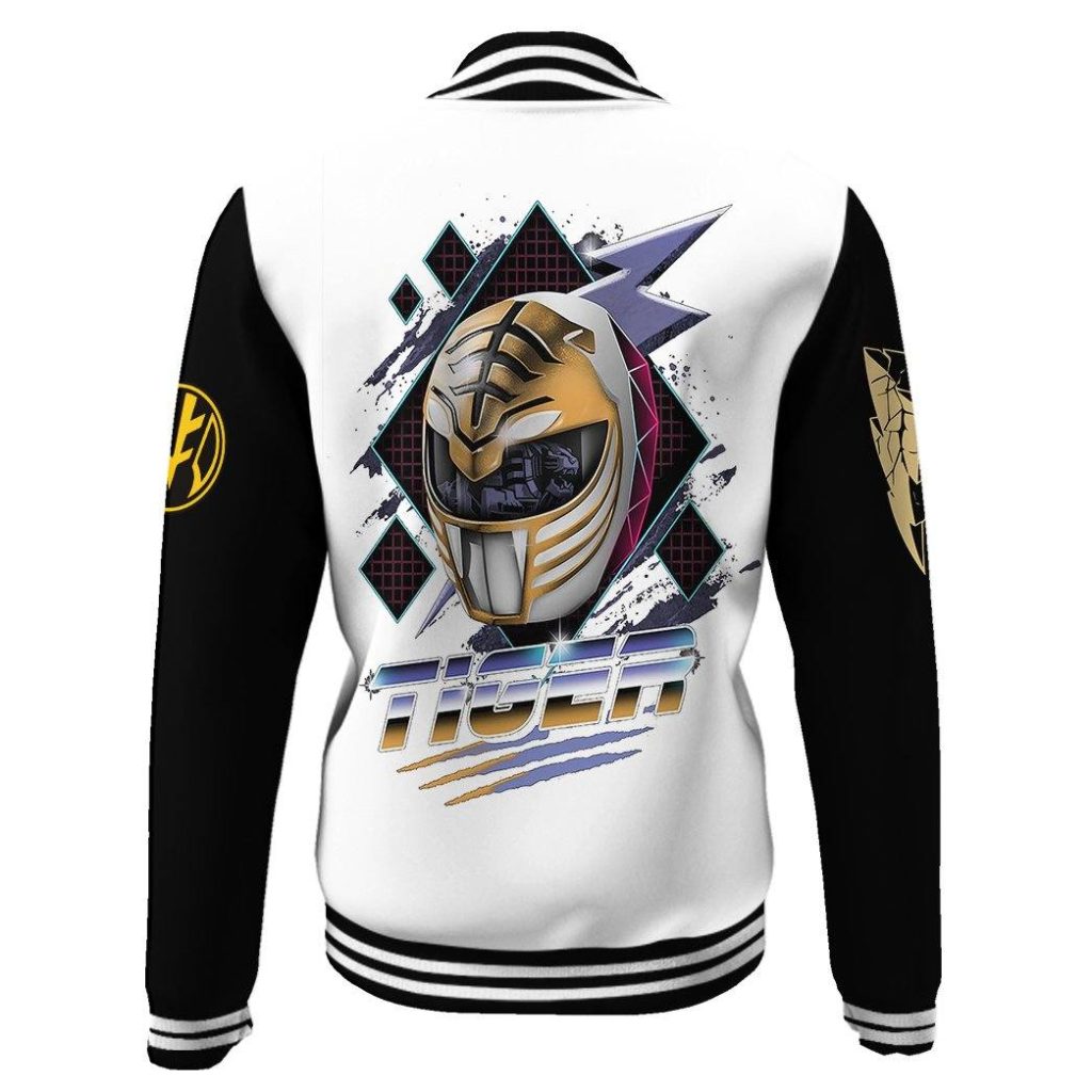 3D Mighty Morphin Power Ranger White Custom Name Baseball Jacket - Image 3