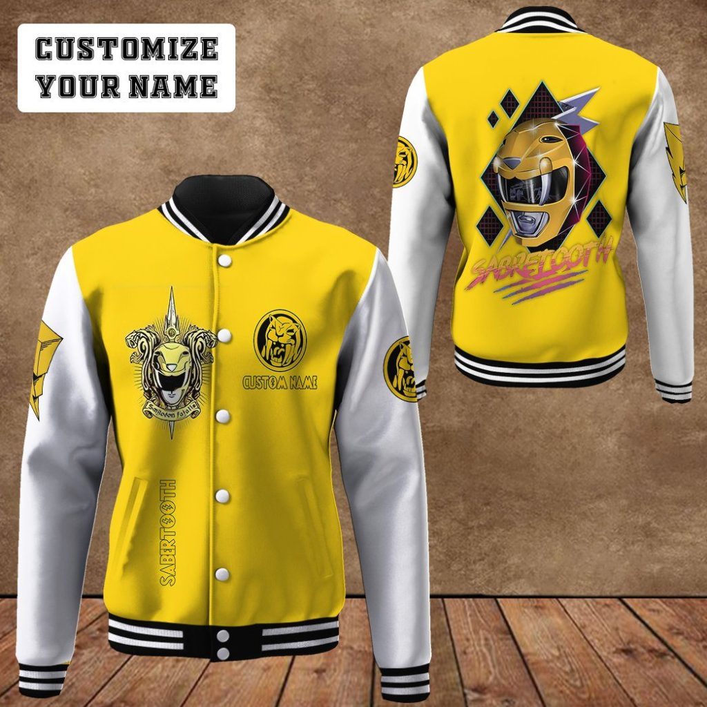 3D Mighty Morphin Power Ranger Yellow Custom Name Baseball Jacket - Image 3