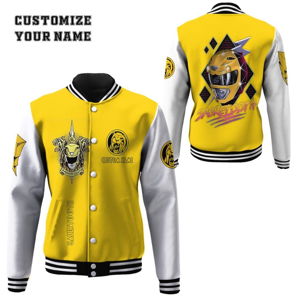 3D Mighty Morphin Power Ranger Yellow Custom Name Baseball Jacket - Image 2