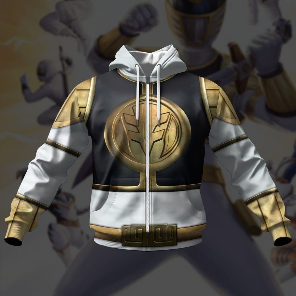 3D Mighty Morphin White Power Rangers Zipped Hoodie - Image 2