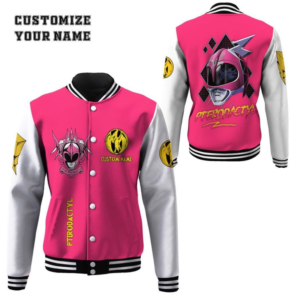 3D Mighty Morphin Power Ranger Pink Custom Name Baseball Jacket - Image 3