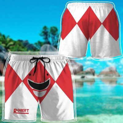 gearhumans 3d mighty morphin power rangers red ranger custom name beach shorts swim trunk gw0206211 men shorts 473821 - Power Rangers Store